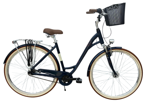 Miejski rower damski Romet Art Deco Lux w kolorze granatowym, z siedmioma biegami w piaście Shimano Nexus oraz prądnica w przedniej piaście.